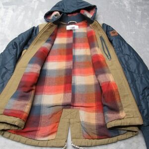 Columbia Jacket Men XS Blue Hybrid Canvas Snap Hood Flannel Insulated Quilted